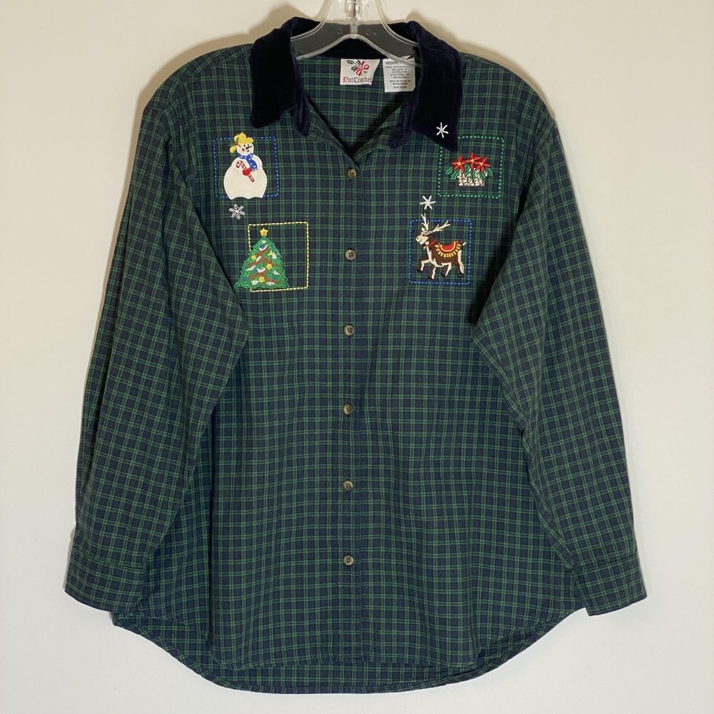 NutCracker Christmas Top Womens Medium Green Plaid Velvet Collar Embroidered 90s